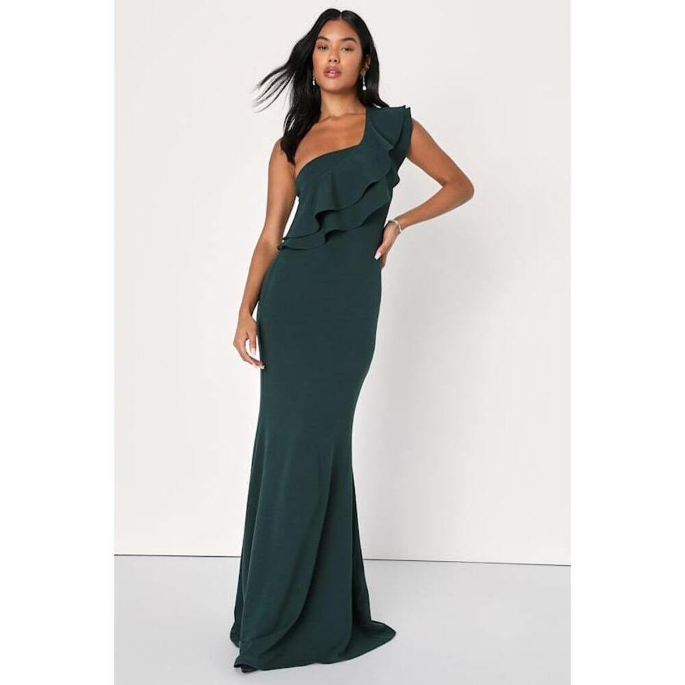 Lulus Grand Beauty Emerald Green Ruffle One Shoulder Maxi Dress Size L
